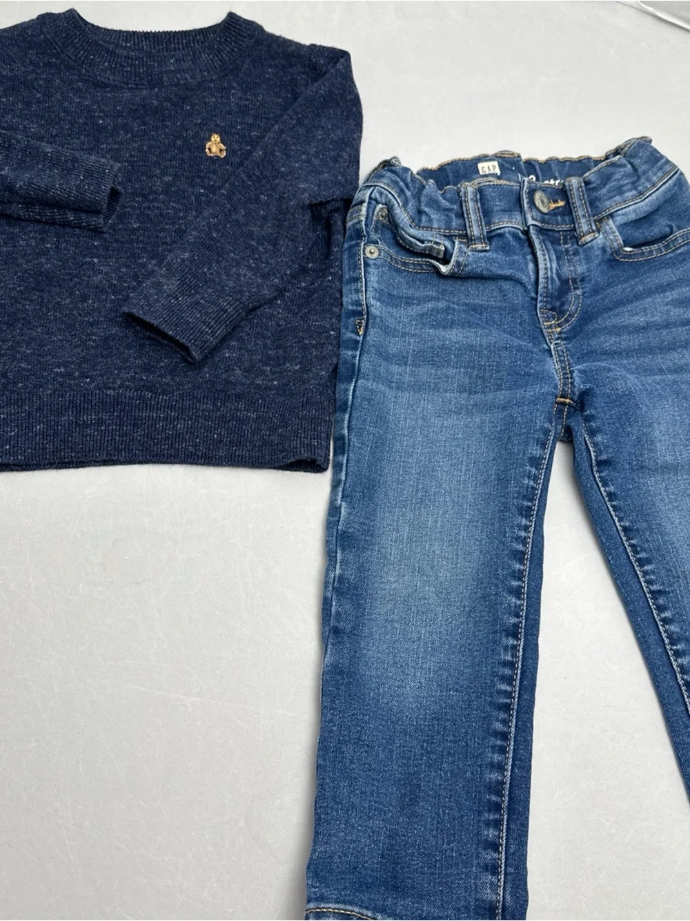 GAP Navy Knit Sweater with Bear Patch With Medium Denim Jeans Matching Baby GAP